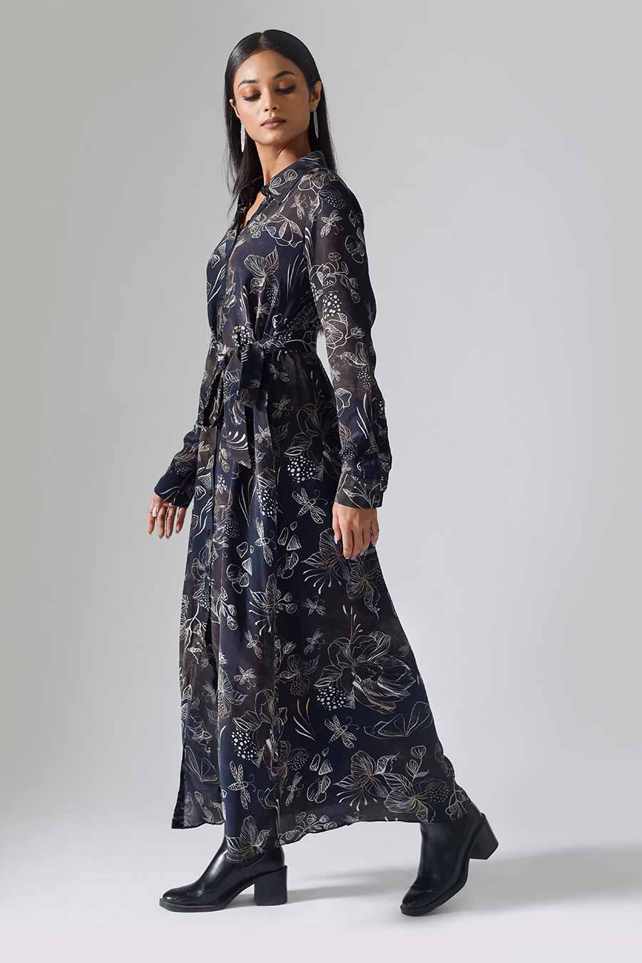 Marbled Black Printed Reverie Long Dress