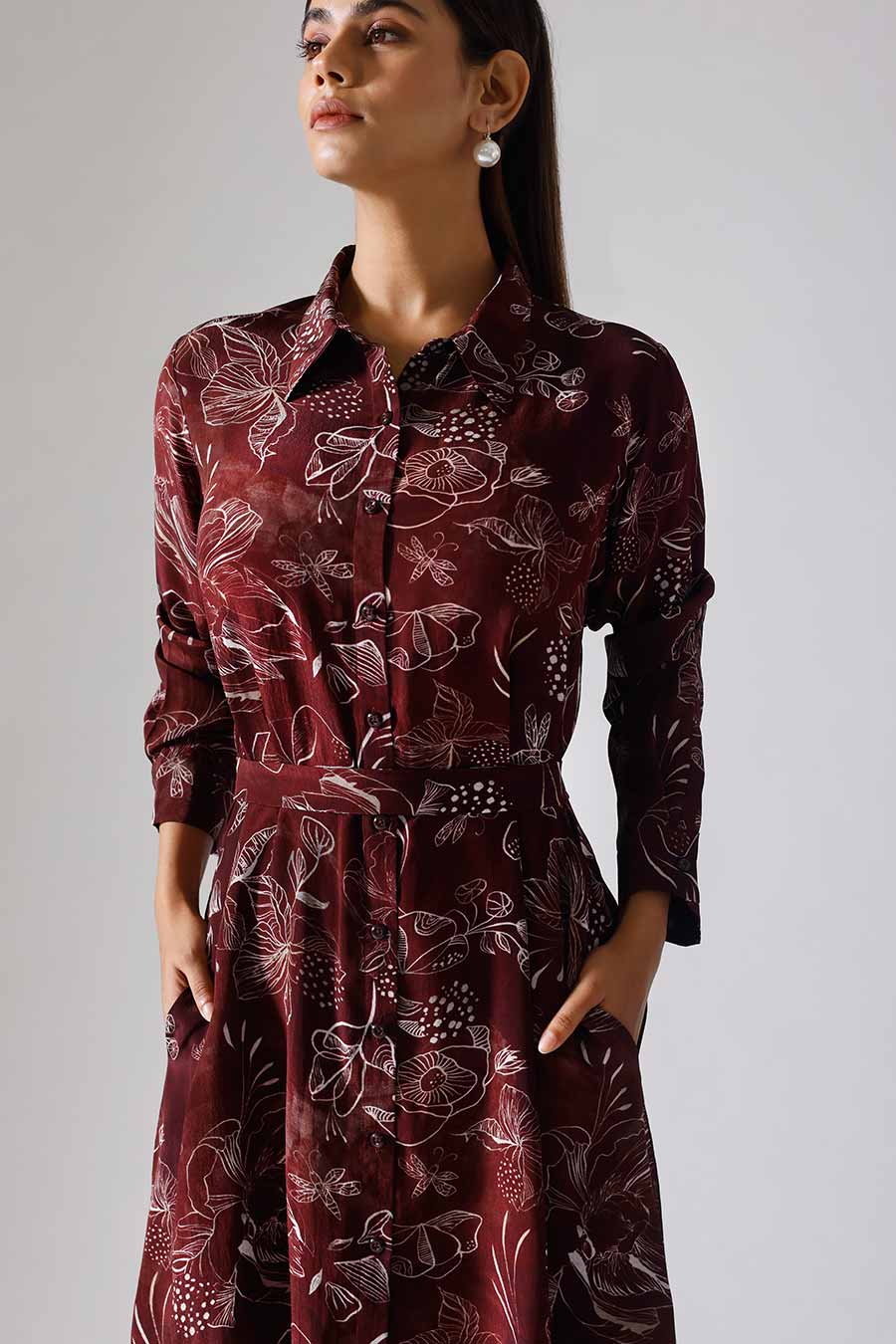 Marbled Wine Printed Reverie Shirt Dress
