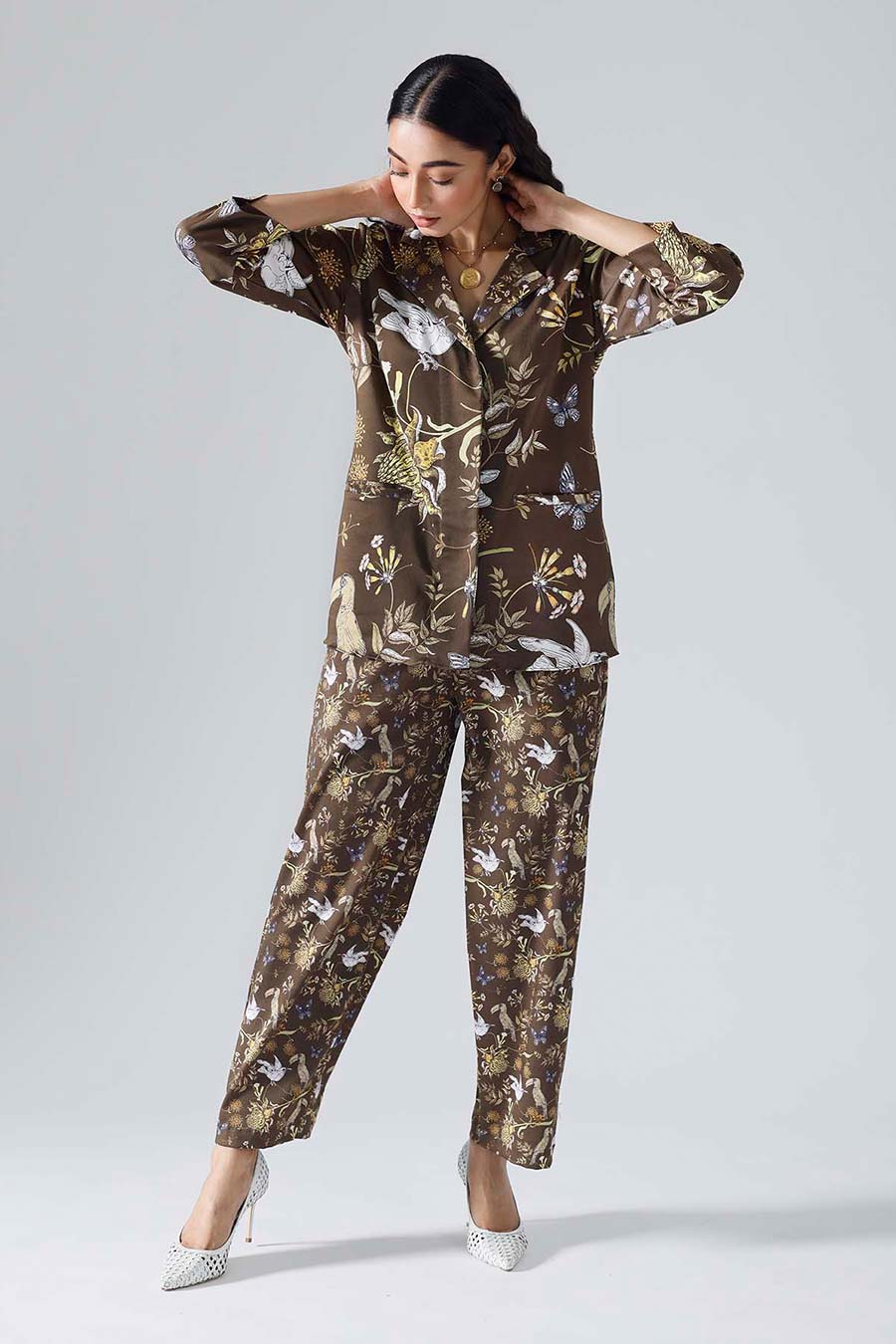 Brown Printed Toucan Blazer Shirt Co-ord Set