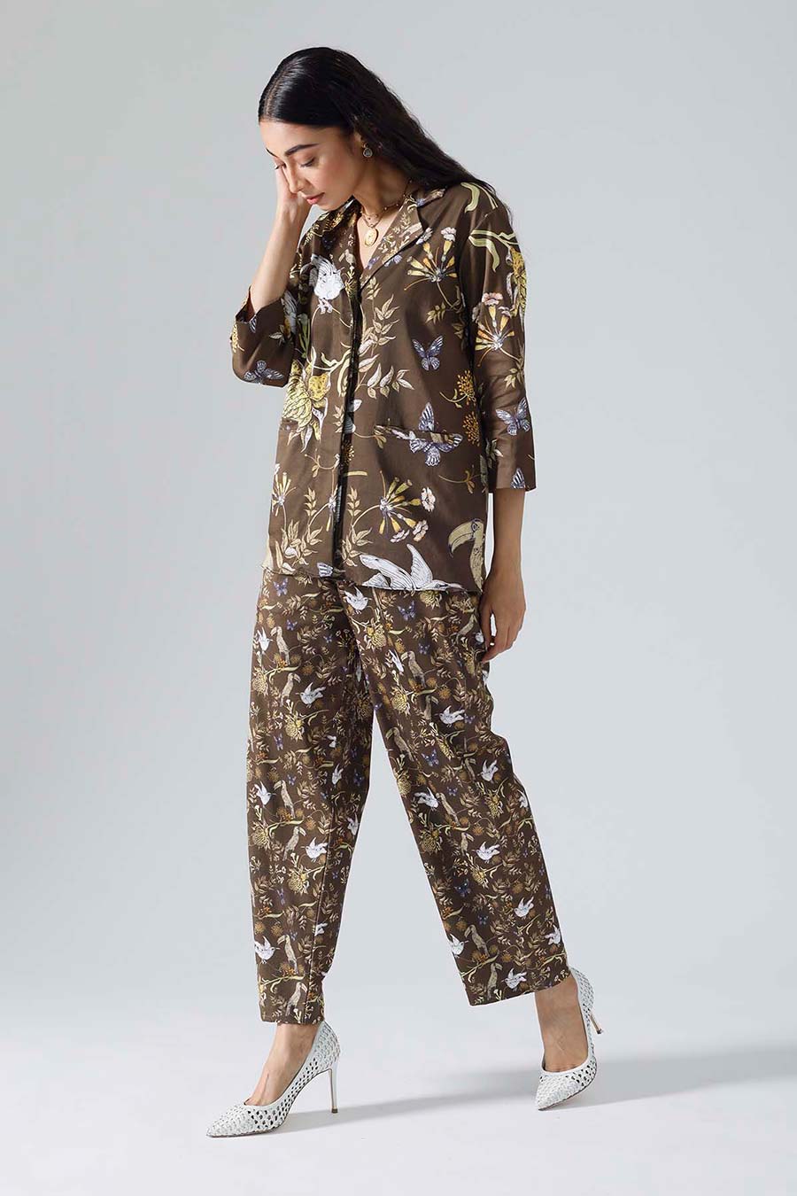 Brown Printed Toucan Blazer Shirt Co-ord Set