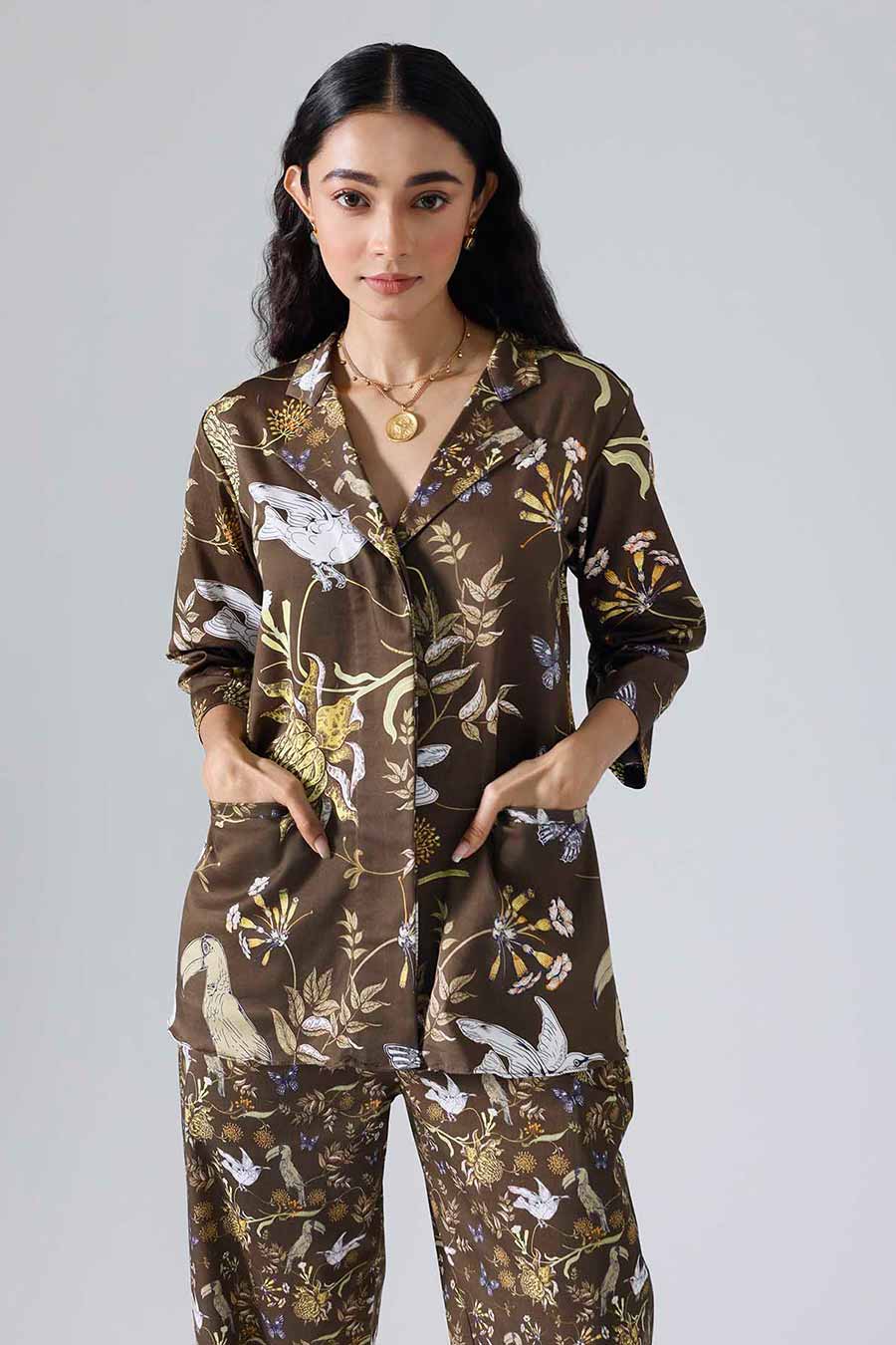 Brown Printed Toucan Blazer Shirt Co-ord Set
