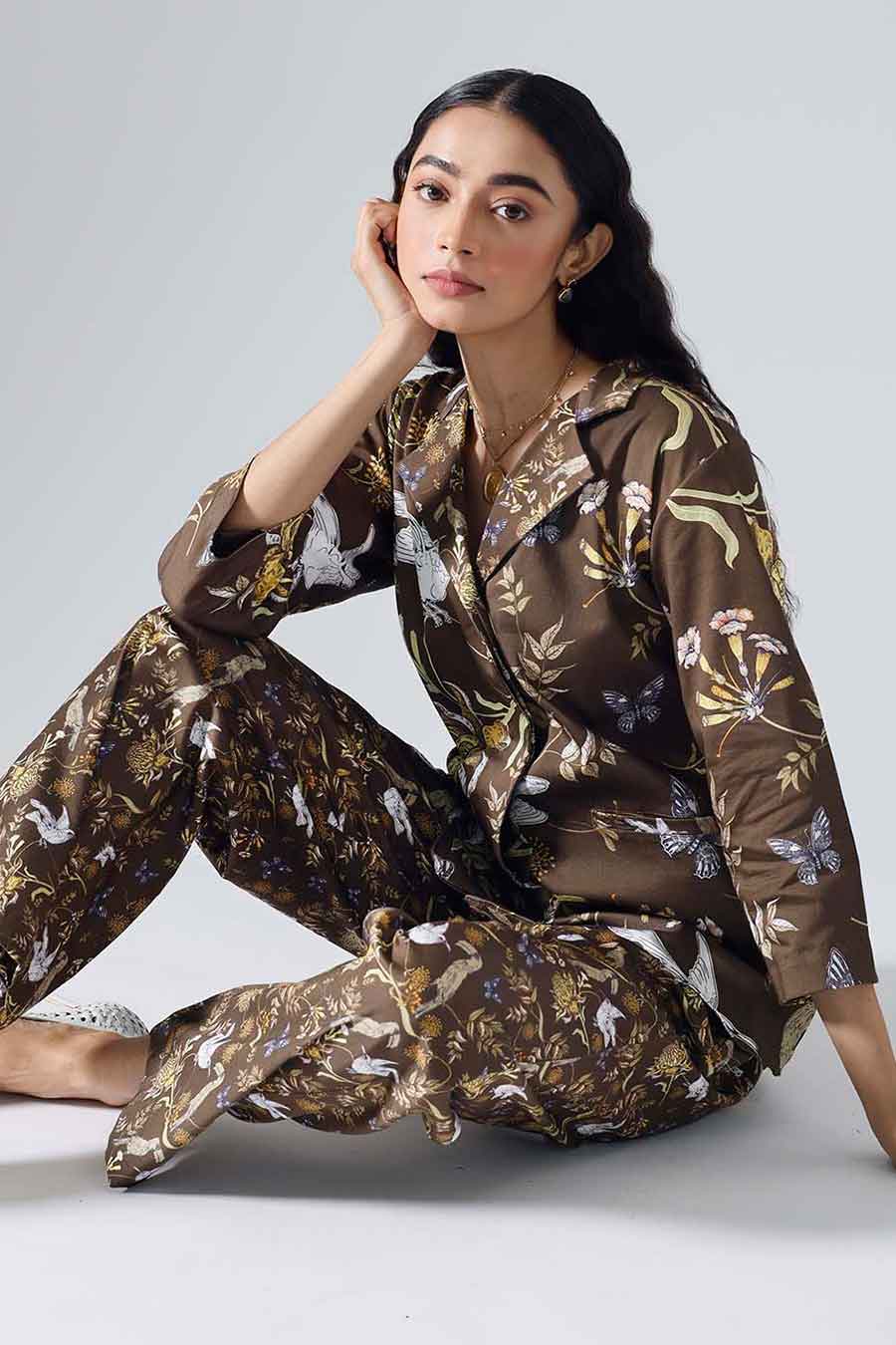 Brown Printed Toucan Blazer Shirt Co-ord Set