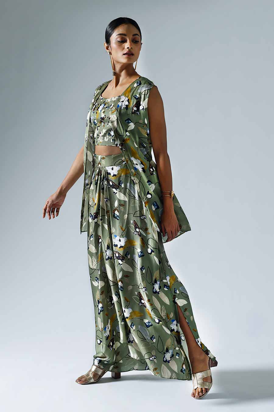 Green Printed Jacket and Skirt Co-ord Set