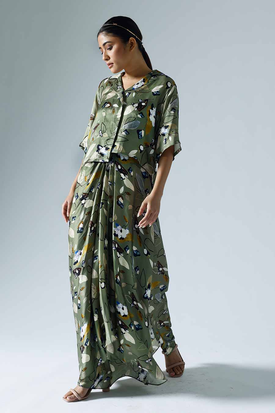 Green Printed Crop Top with Draped Skirt Co-ord Set