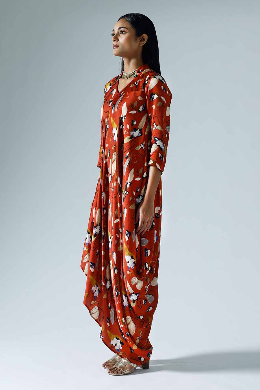 Red Printed Bloom Draped Dress