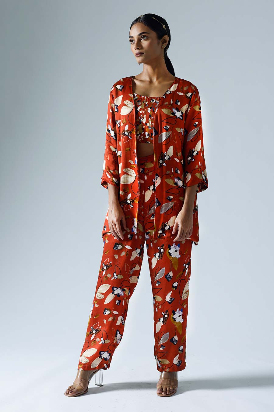 Red Printed Vivid Jacket and Pant Co-ord Set