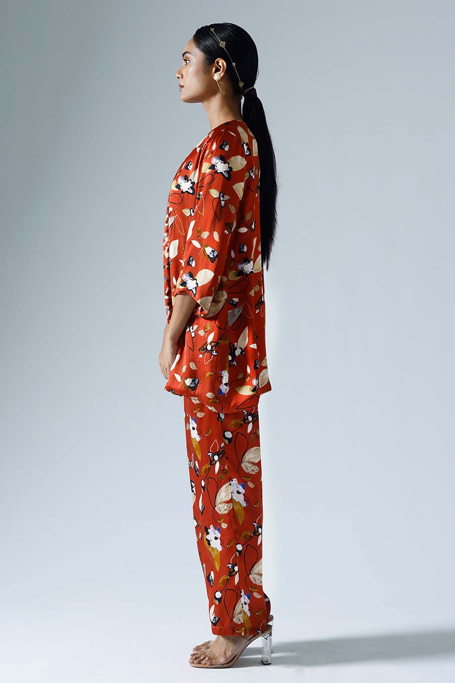 Red Printed Vivid Jacket and Pant Co-ord Set