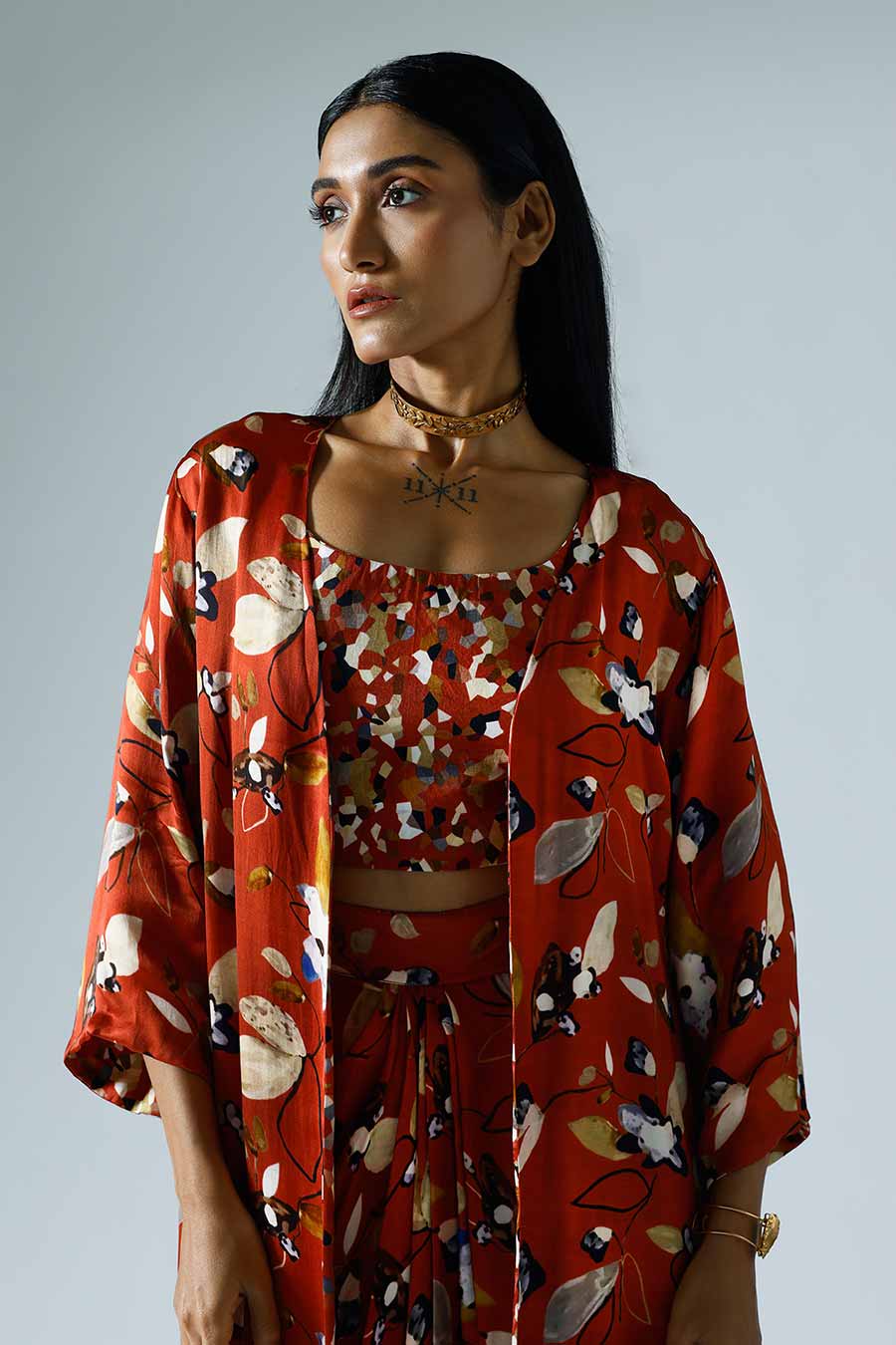 Red Printed Jacket and Skirt Co-ord Set