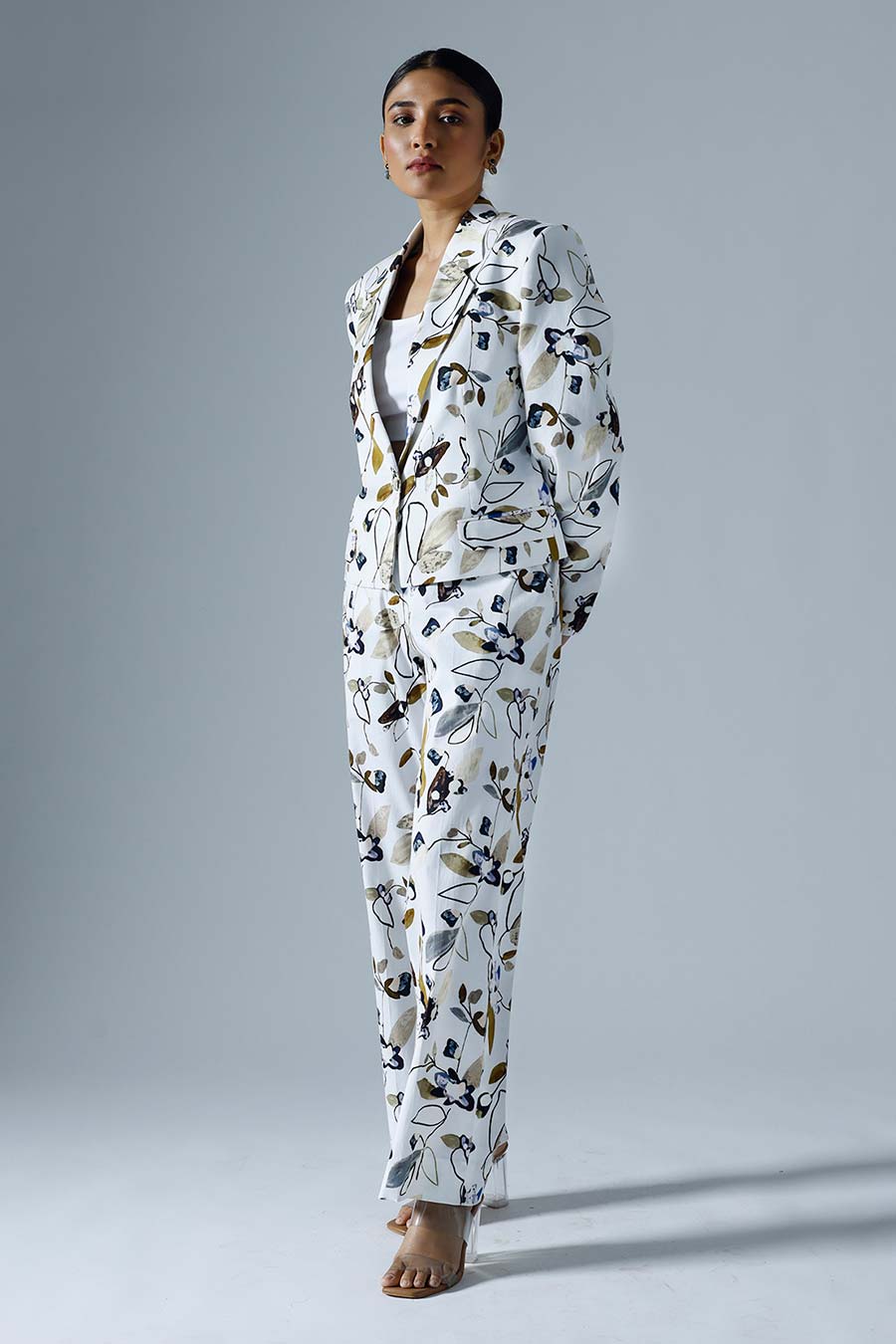 White Printed Vivid Crop Blazer