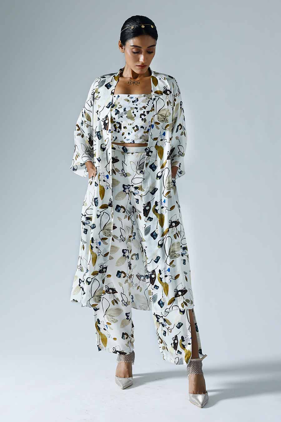 White Printed Vivid Jacket and Pant Co-ord Set