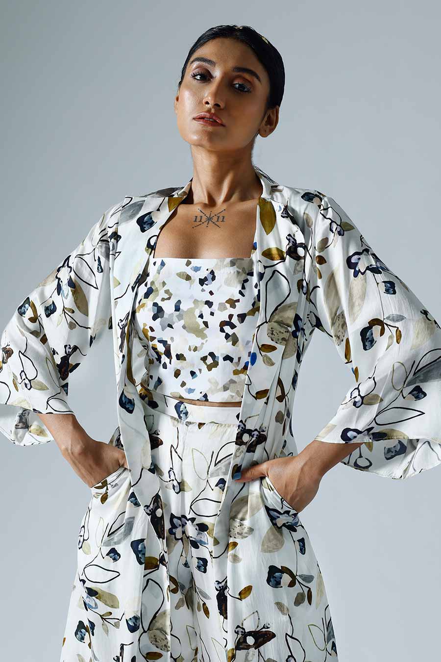 White Printed Vivid Jacket and Pant Co-ord Set