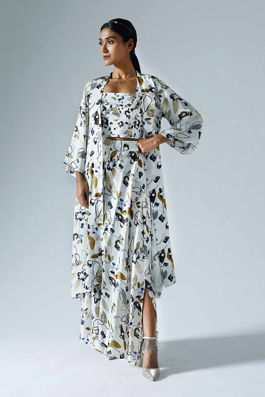 White Printed Long Jacket and Skirt Co-ord Set