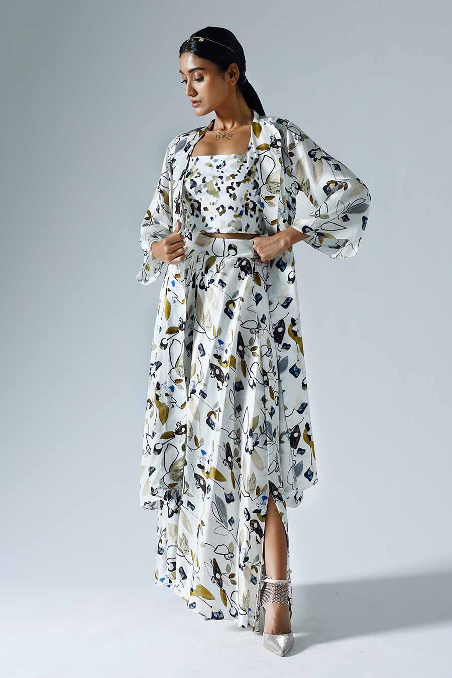 White Printed Long Jacket and Skirt Co-ord Set