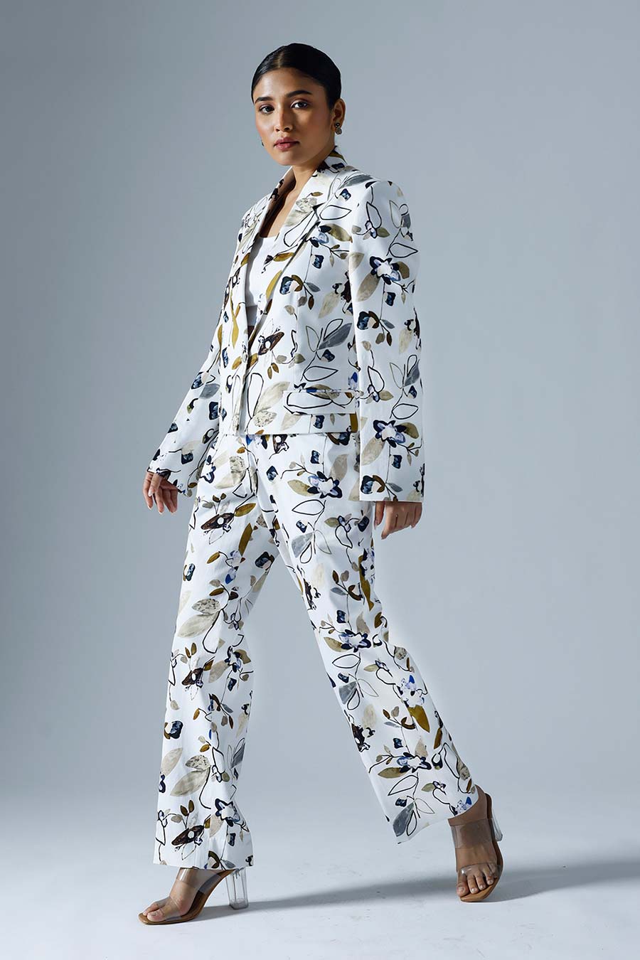 White Printed Vivid Pant Suit