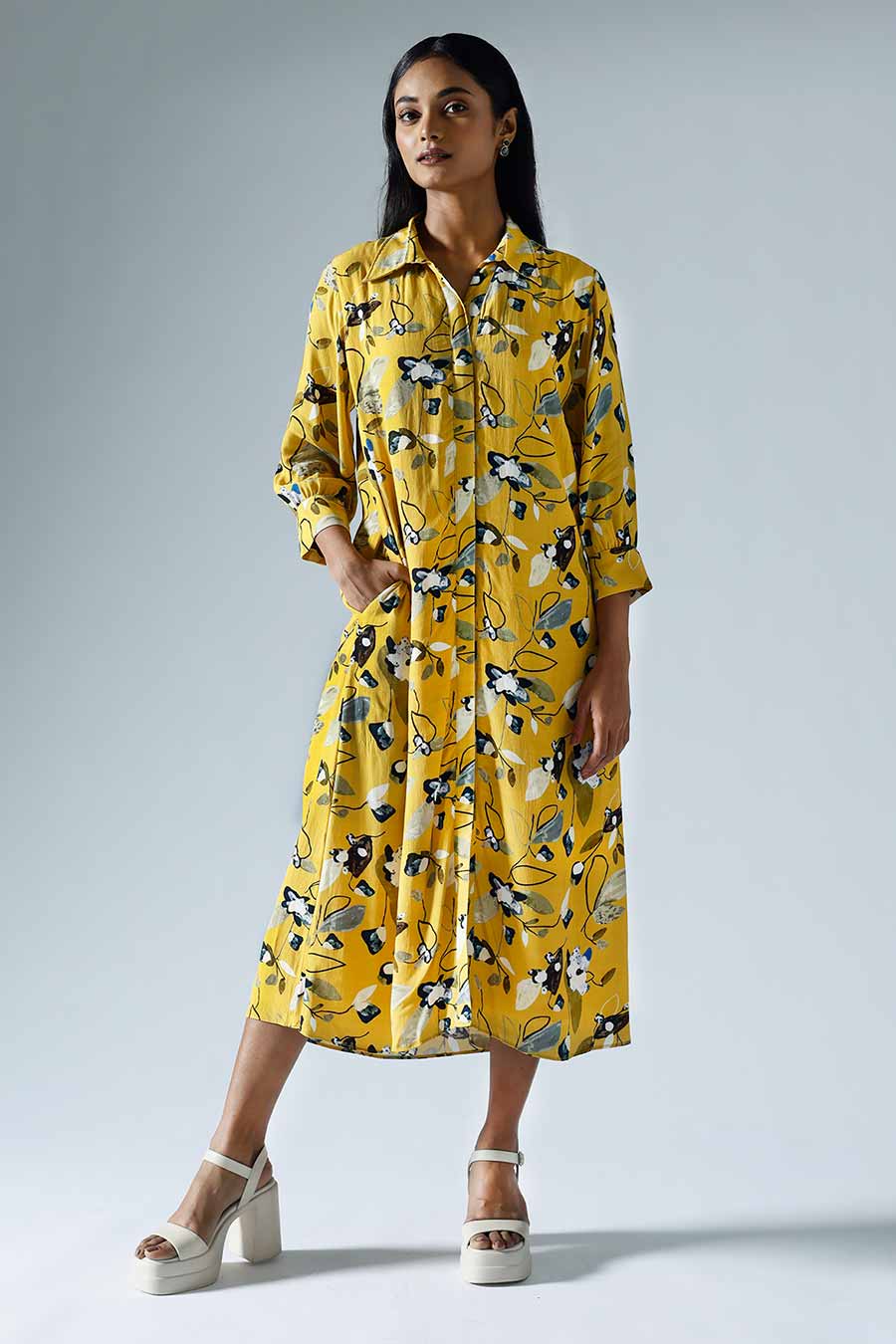 Yellow Printed Vivid Shirt Dress