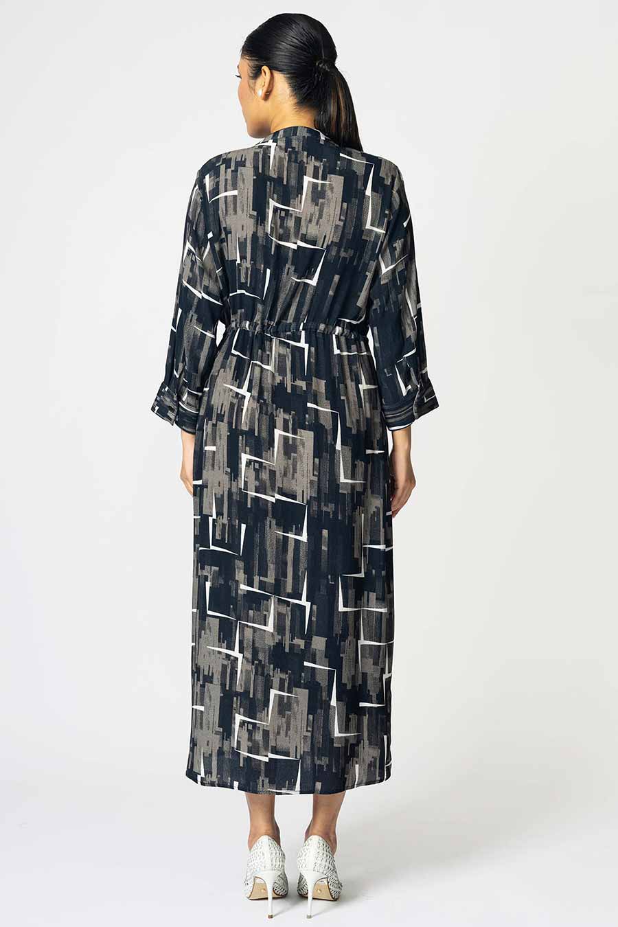 Black Rhombus Printed Drawstring Dress