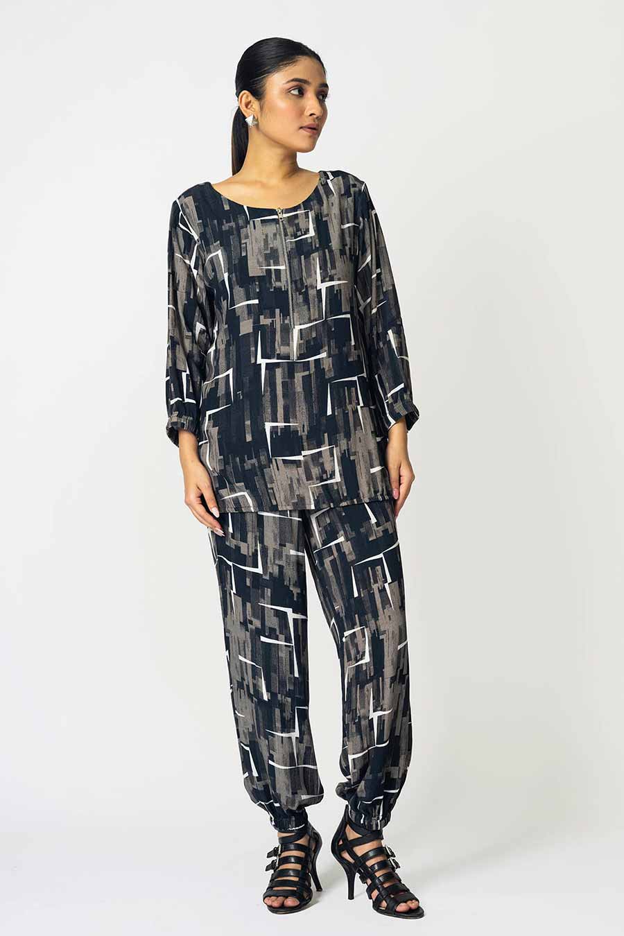 Charcoal Brick Printed Top & Jogger Co-Ord Set