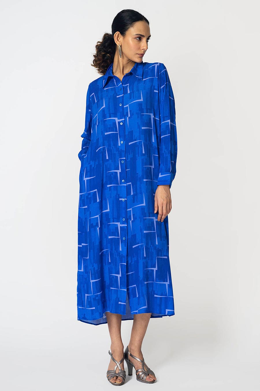 Blue Brick Printed Long Dress