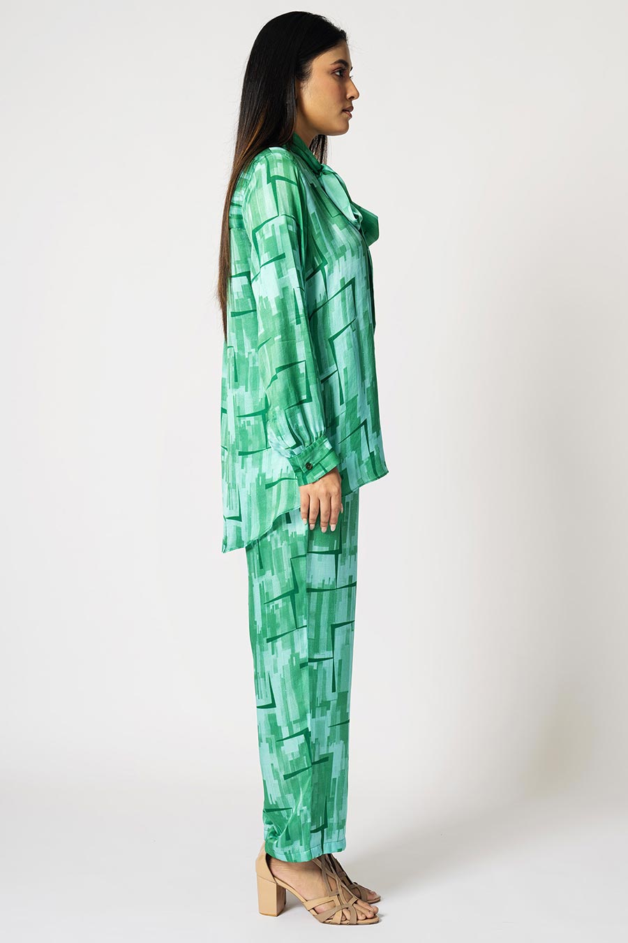 Green Brick Printed Top & Pant Set With Detachable Scarf