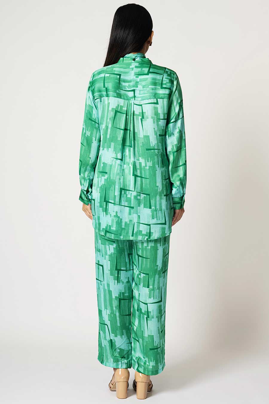 Green Brick Printed Top & Pant Set With Detachable Scarf