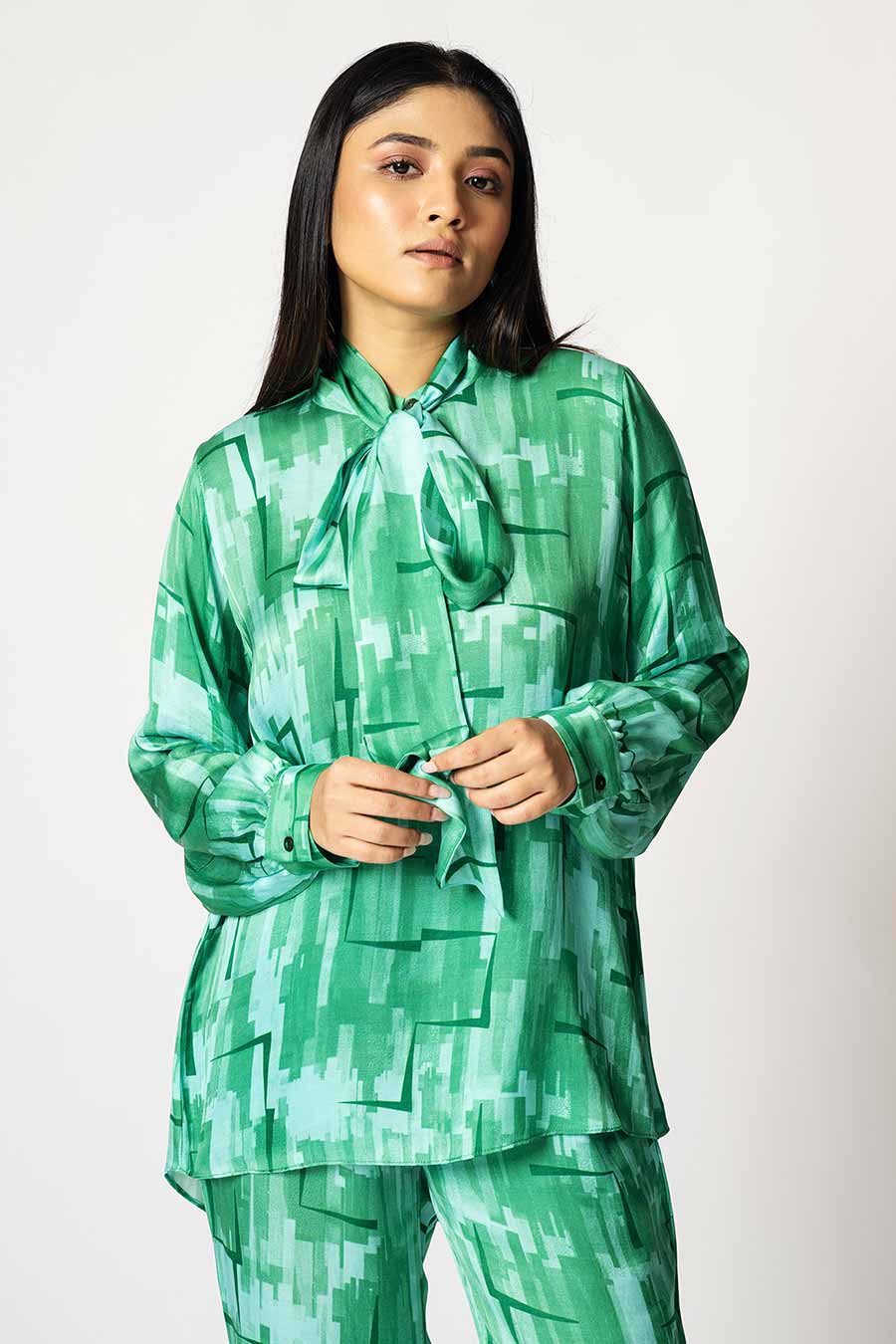 Green Brick Printed Top & Pant Set With Detachable Scarf