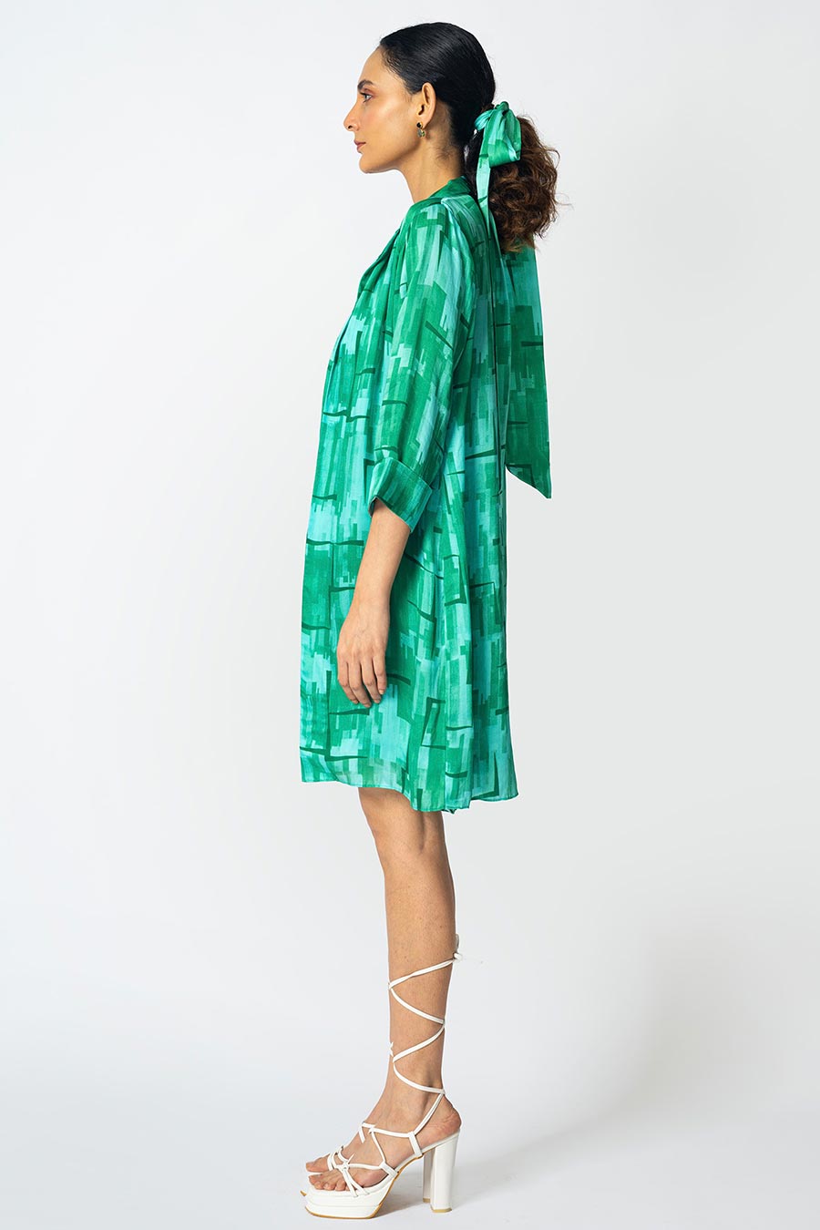 Green Brick Printed Jacket With Slip Dress