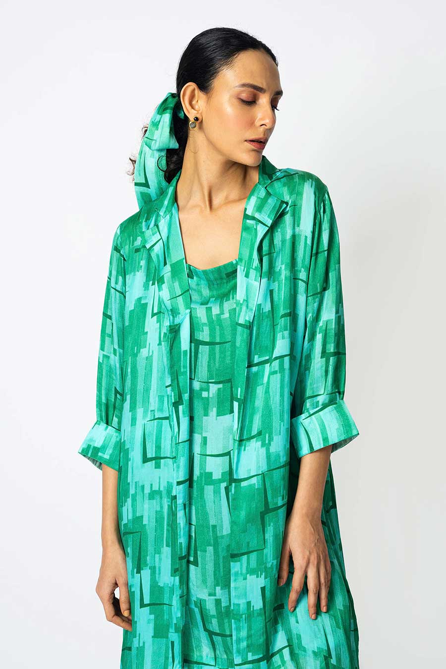 Green Brick Printed Jacket With Slip Dress
