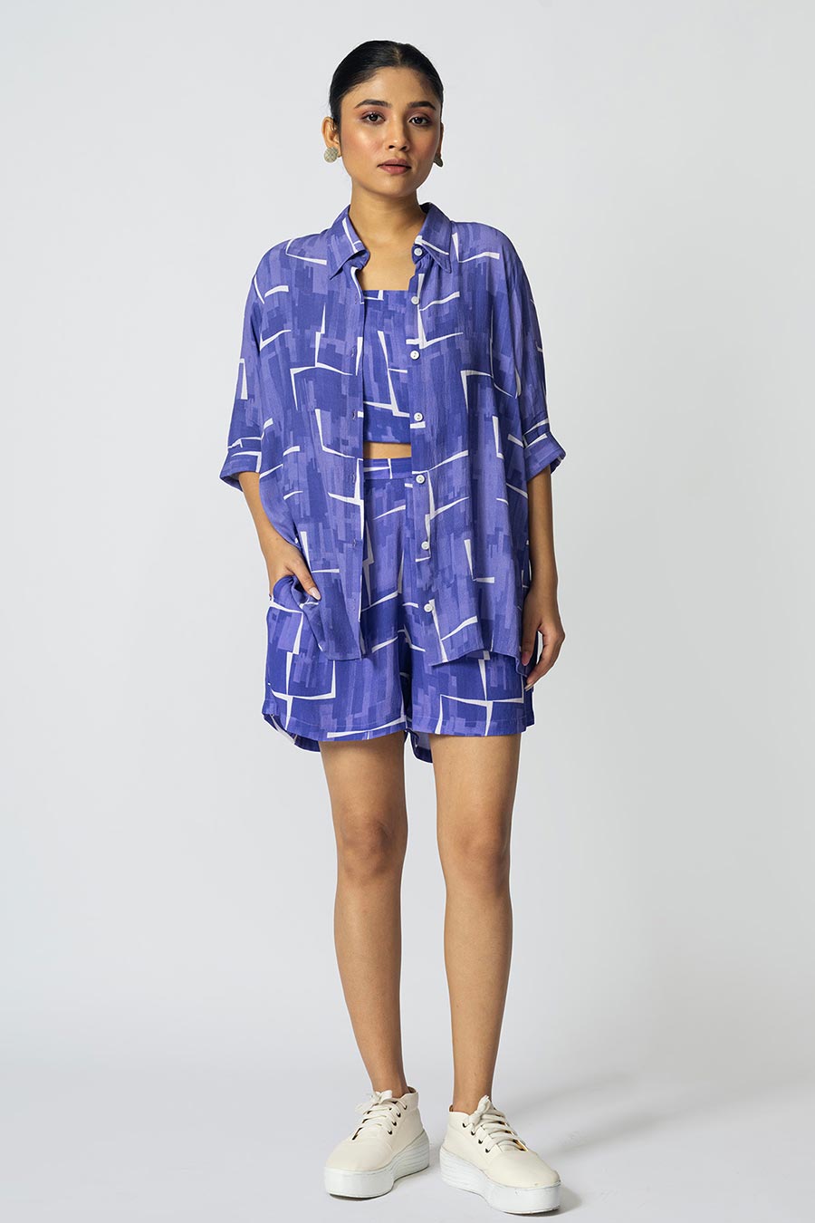 Lilac Brick Printed Shirt, Inner & Shorts Co-Ord Set