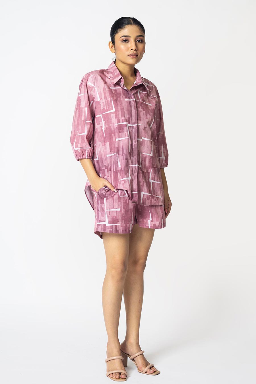 Pink Brick Printed Shirt & Shorts Co-Ord Set