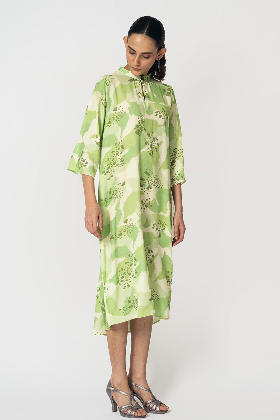 Lime Dots Printed Dress With Scarf