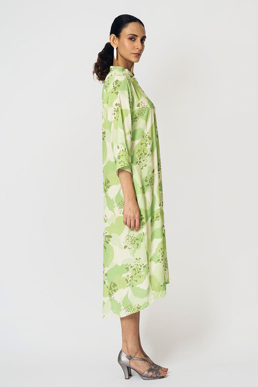 Lime Dots Printed Dress With Scarf