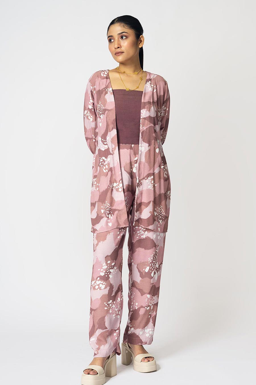 Pink Dots Printed Jacket & Pant Set With Inner