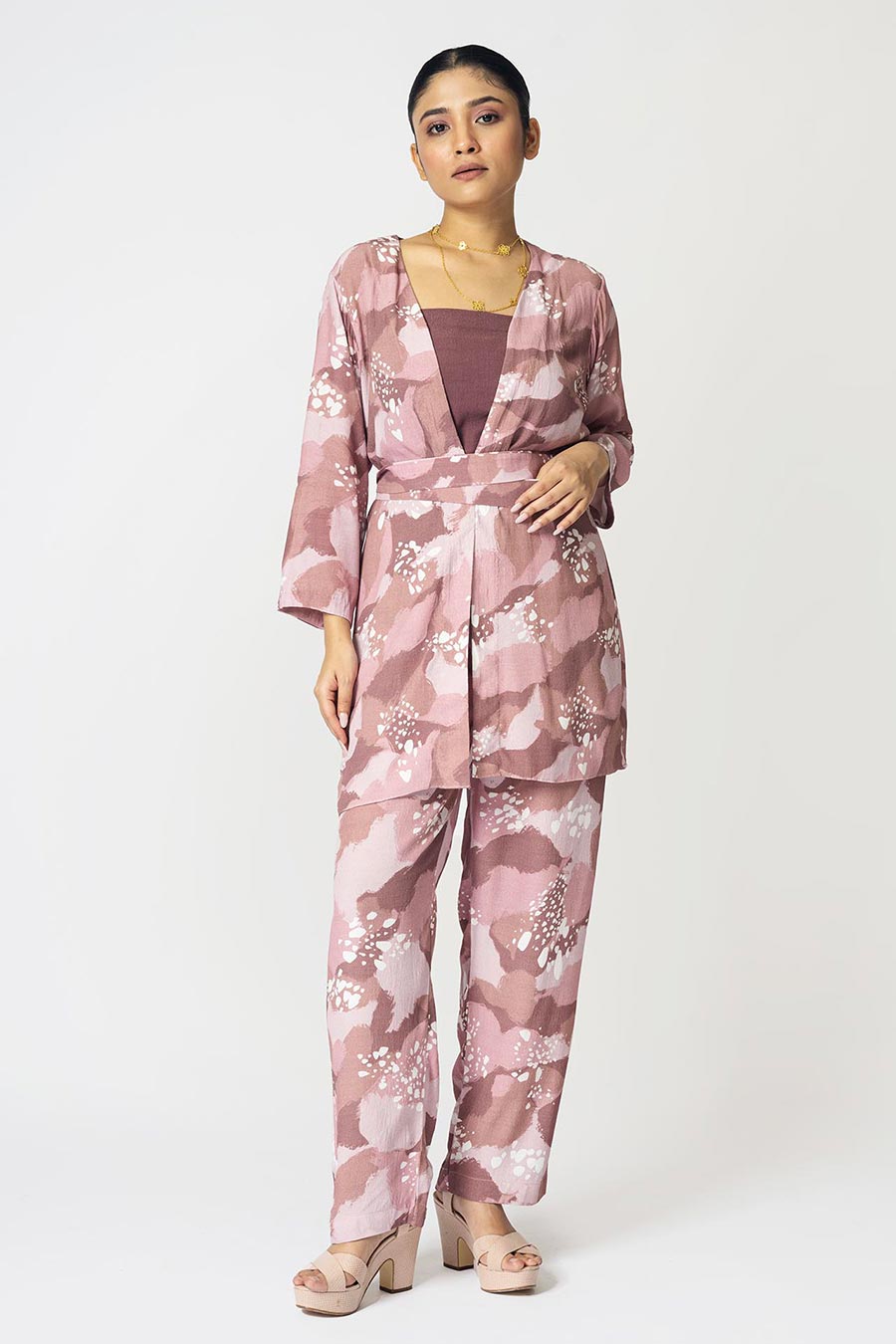 Pink Dots Printed Jacket & Pant Set With Inner