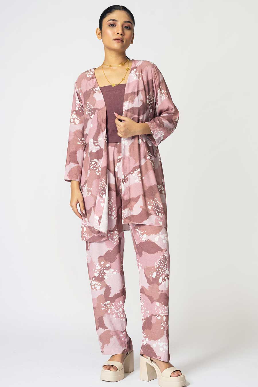 Pink Dots Printed Jacket & Pant Set With Inner