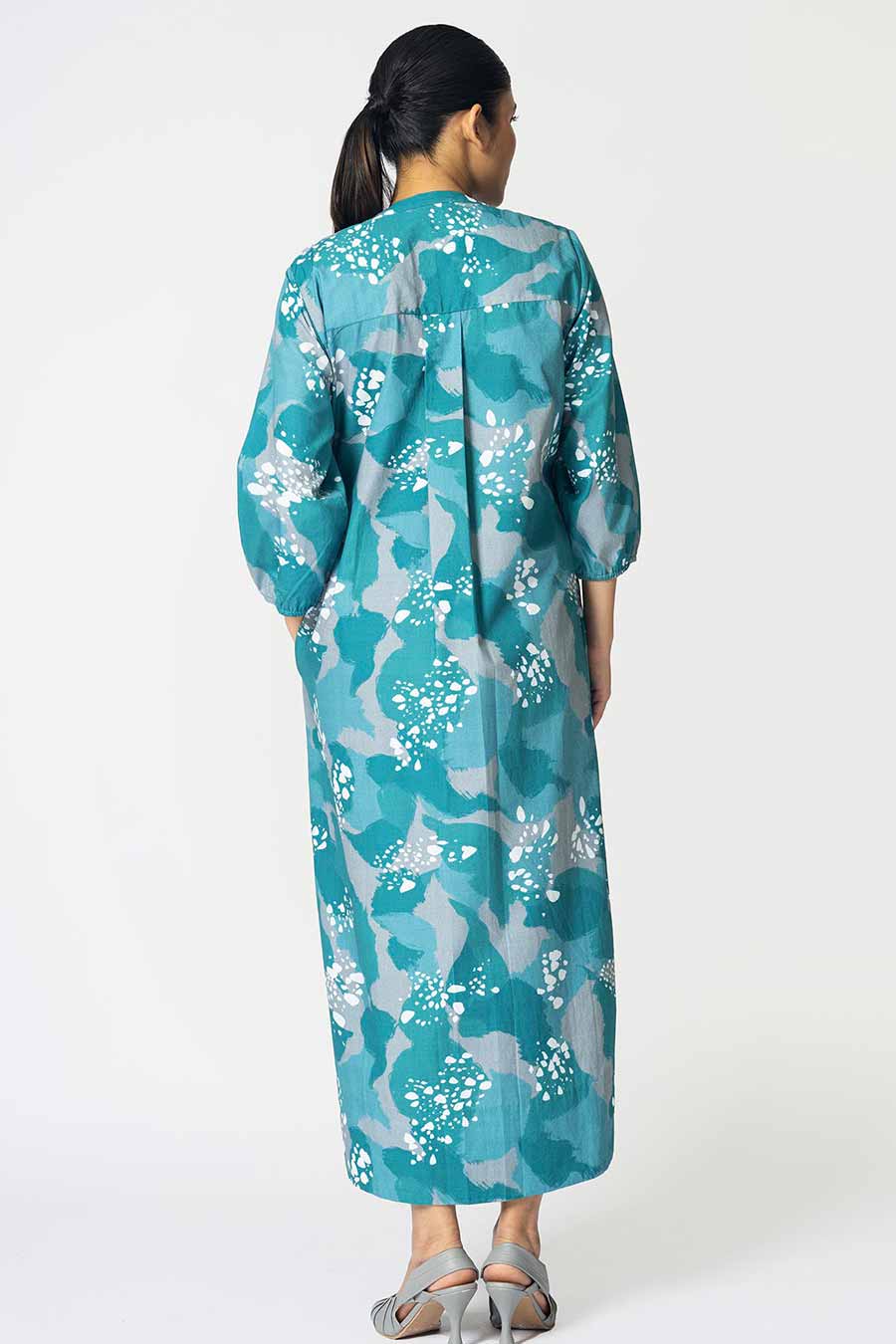 Teal Blue Dots Printed Zipper Dress