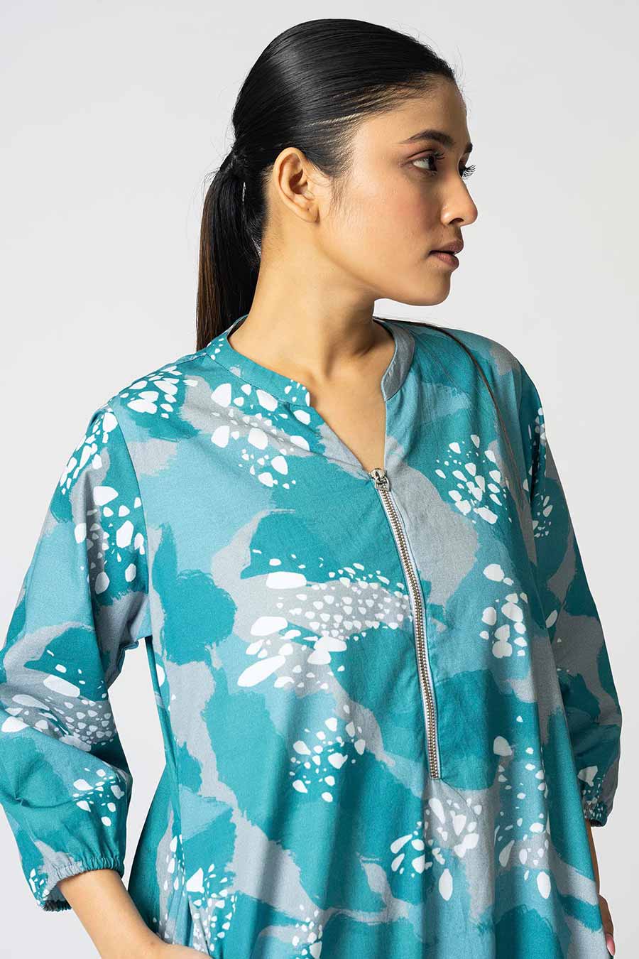 Teal Blue Dots Printed Zipper Dress