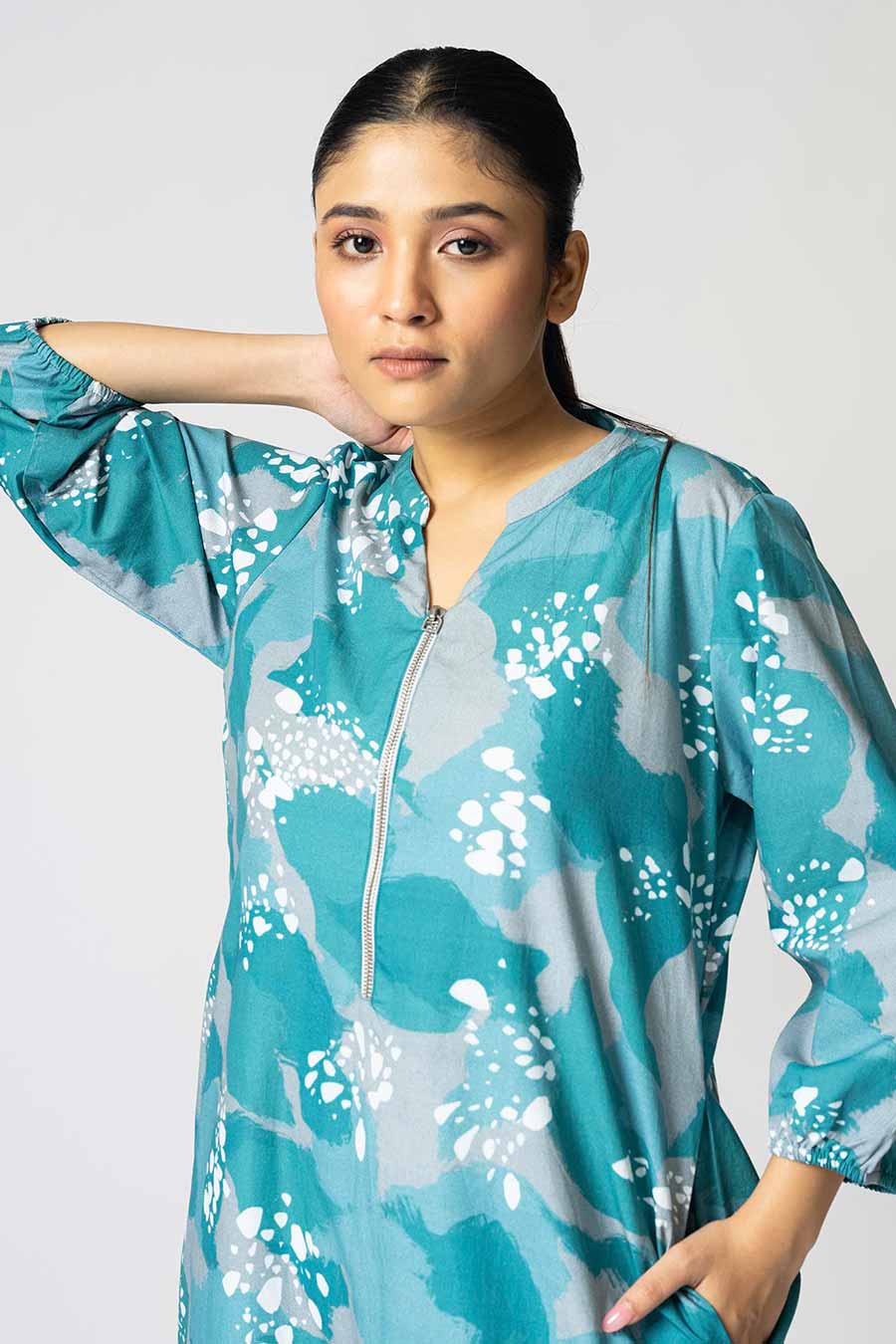 Teal Blue Dots Printed Zipper Dress