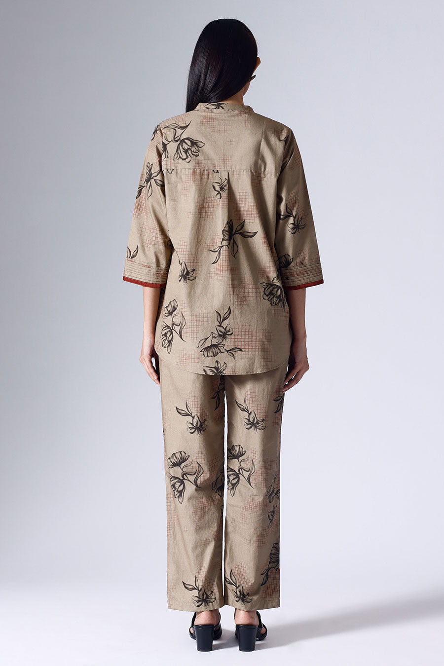 Beige Floral Grid Shirt & Pant Co-Ord Set