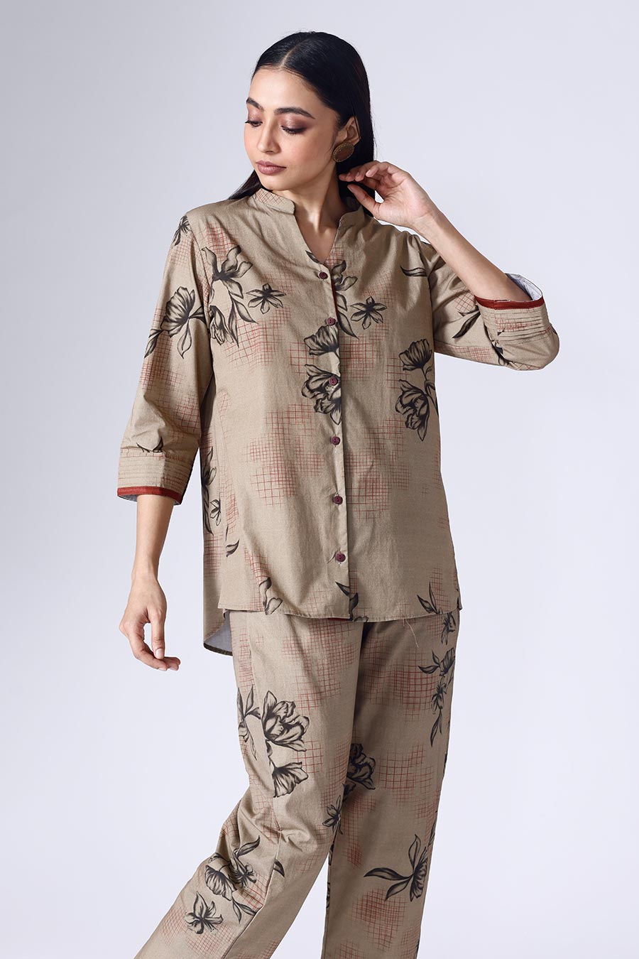 Beige Floral Grid Shirt & Pant Co-Ord Set