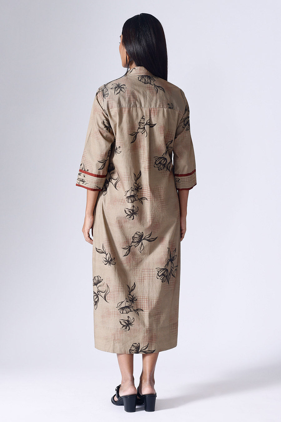 Beige Floral Grid Long Dress