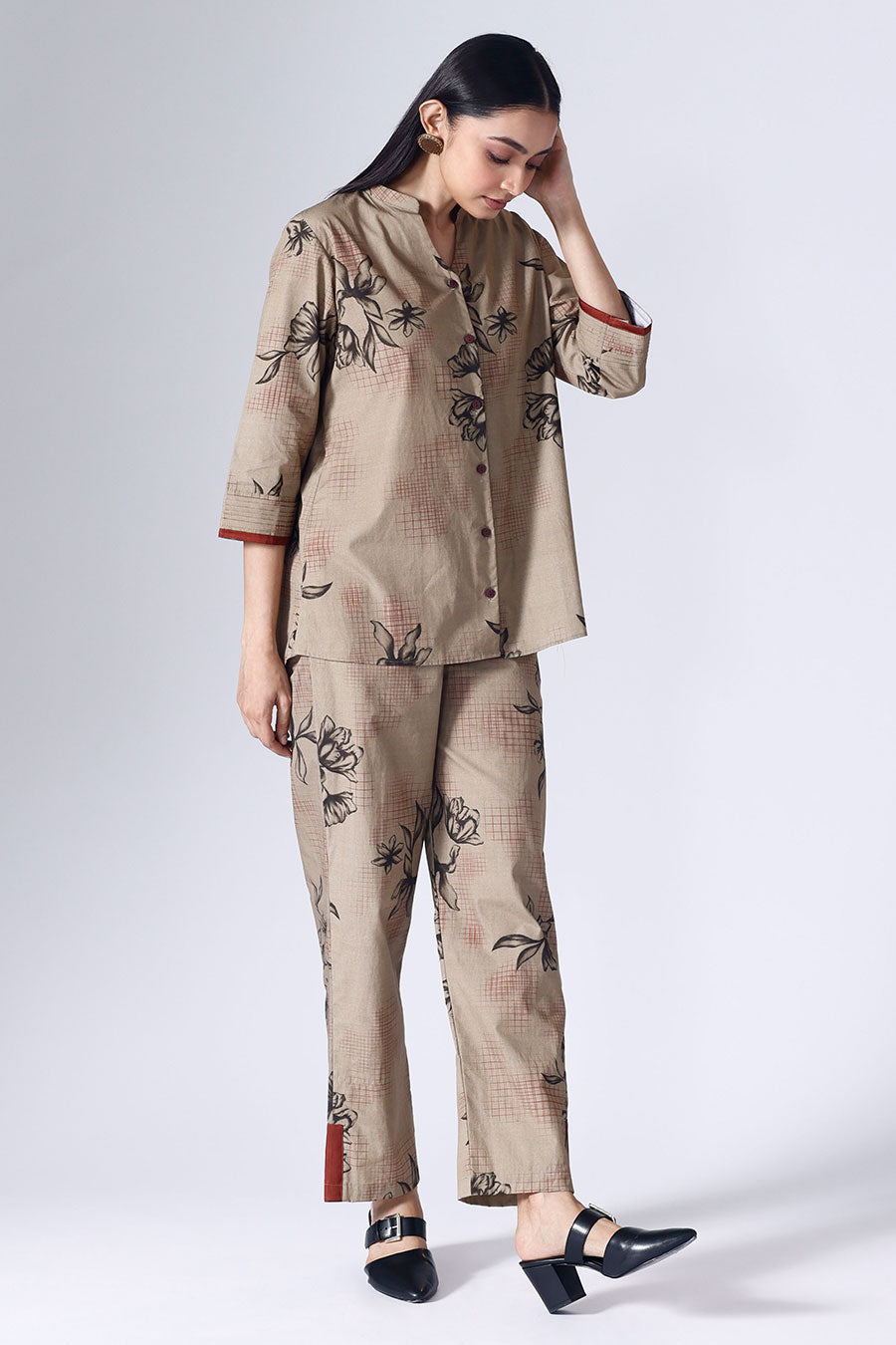 Beige Floral Grid Shirt