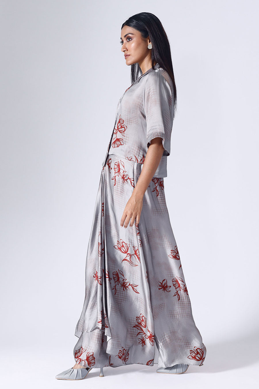 Grey Floral Grid Shirt & Skirt Co-Ord Set