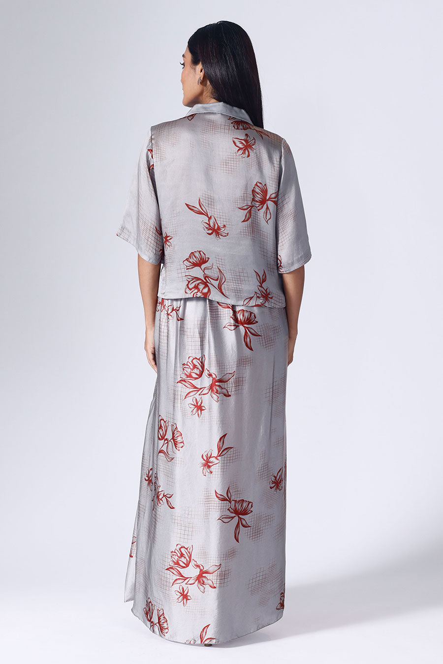 Grey Floral Grid Shirt & Skirt Co-Ord Set