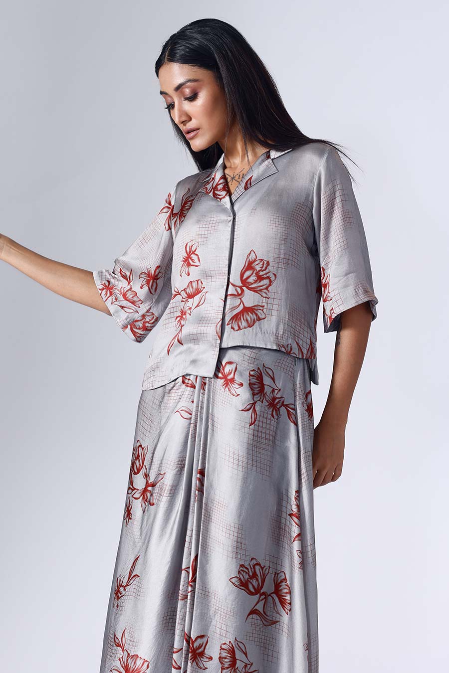 Grey Floral Grid Shirt & Skirt Co-Ord Set