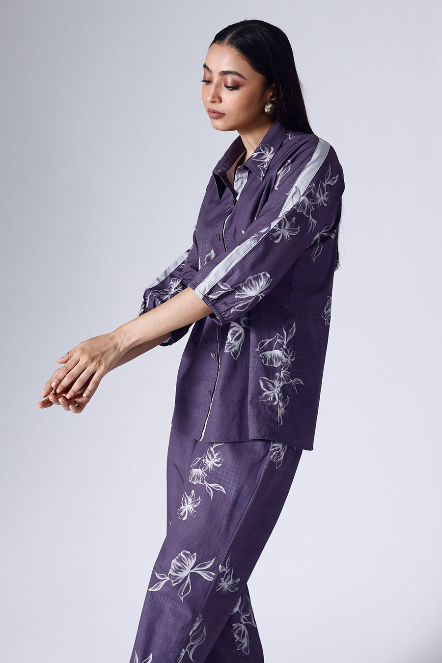Purple Floral Grid Shirt & Pant Co-Ord Set