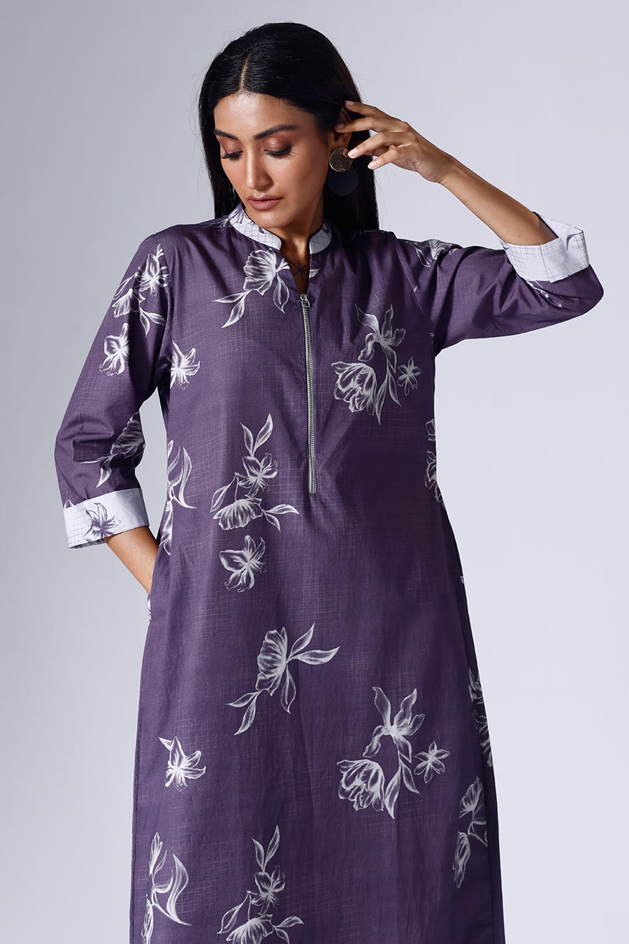 Purple Floral Grid Long Dress