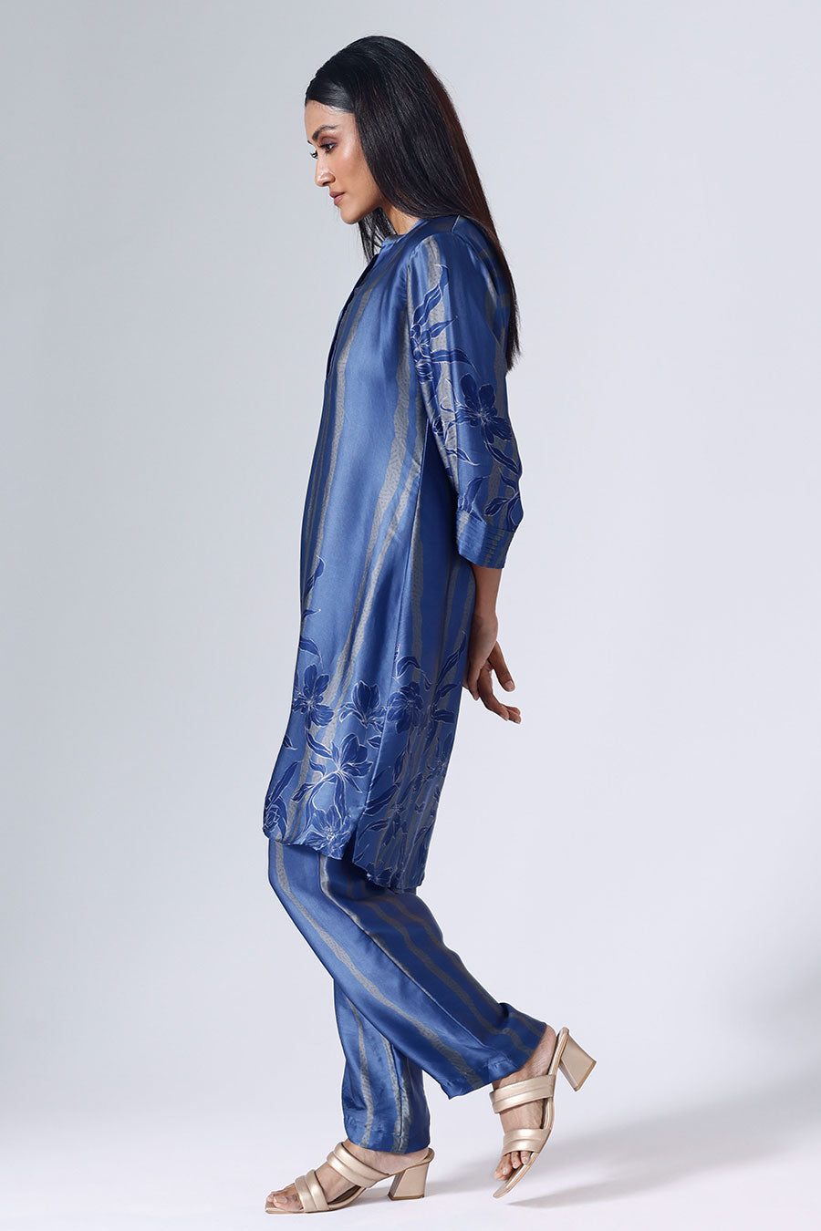 Blue Floral Stripe Tunic & Pant Set