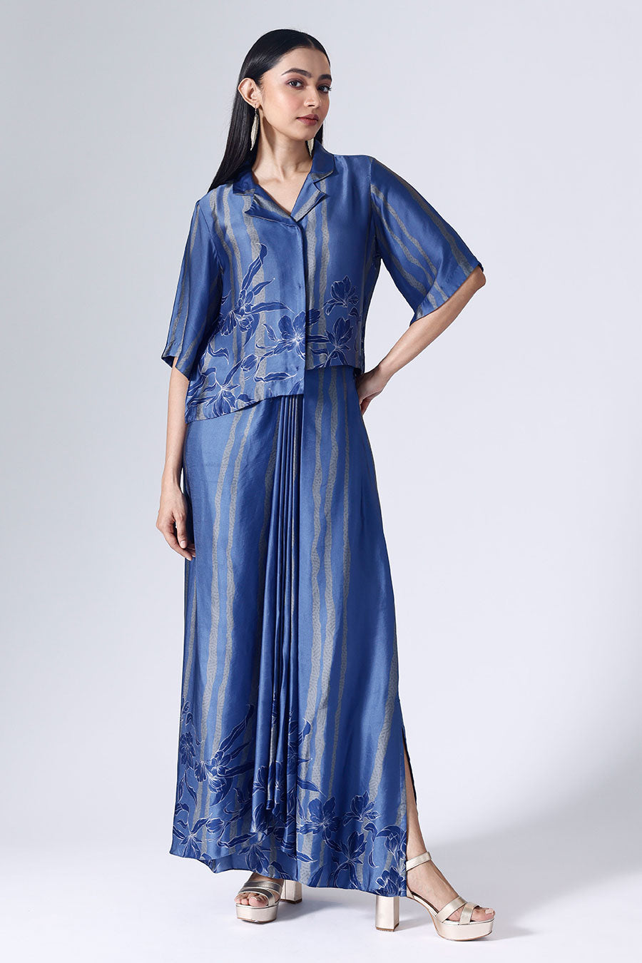 Blue Floral Stripe Shirt & Skirt Co-Ord Set