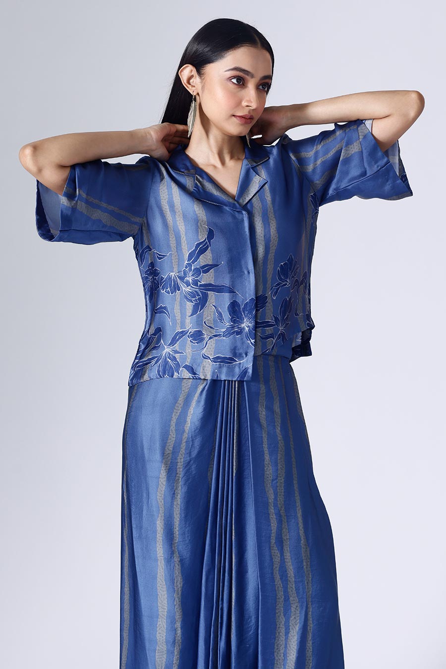 Blue Floral Stripe Shirt & Skirt Co-Ord Set