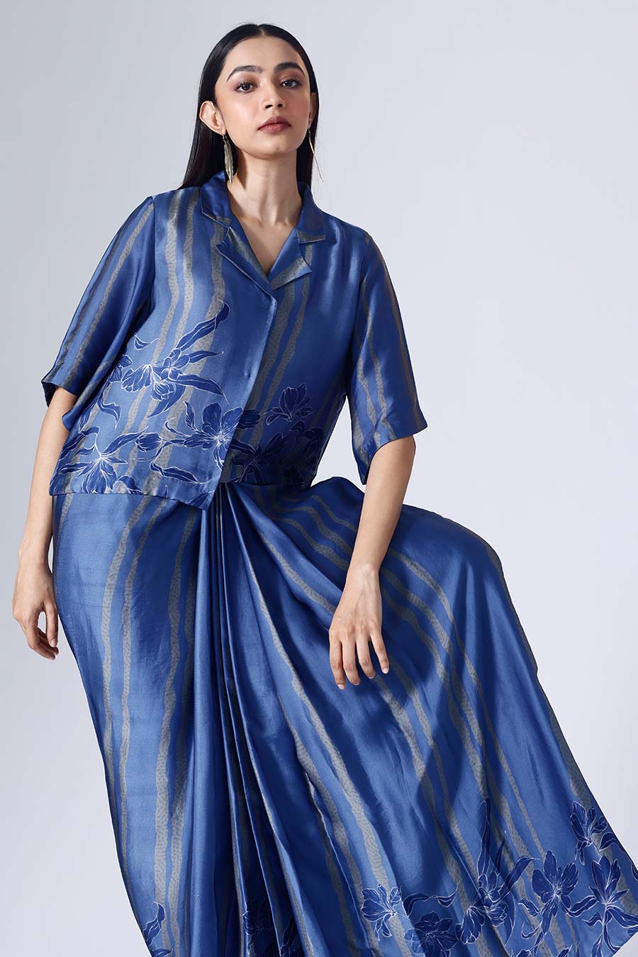 Blue Floral Stripe Shirt & Skirt Co-Ord Set